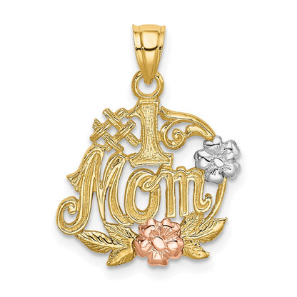 14K Bicolor-Gold mit Weiß-Rhodium "#1 MOM" Charm mit Blume