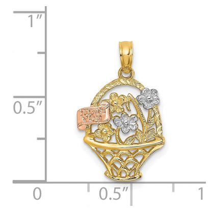 14K Bicolor mit Weiß Rhodium Blume Korb mit I Liebe You Charm