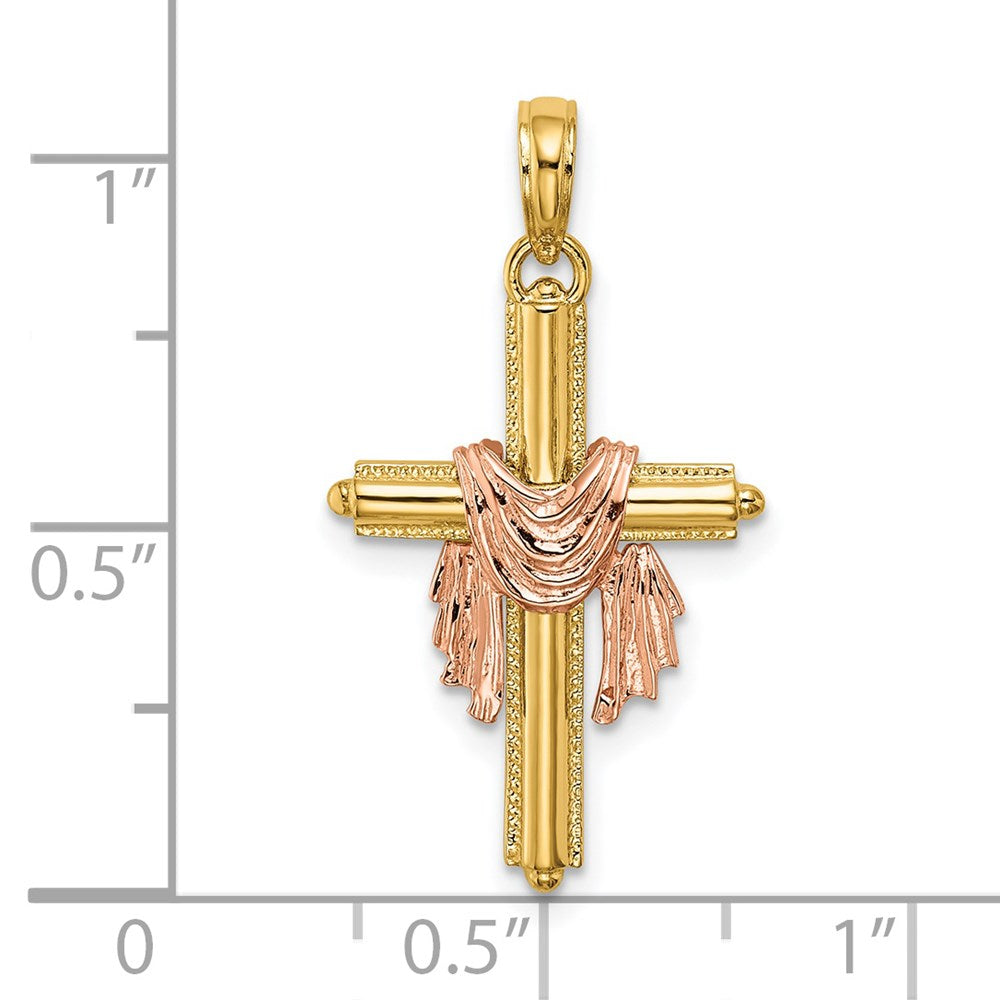 14K Bicolor-Gold Kreuz-Charm mit Zweifarbig-Gold-Drapierung