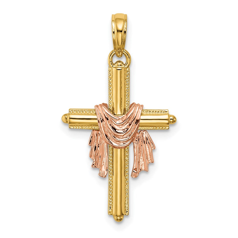 14K Bicolor-Gold Kreuz-Charm mit Zweifarbig-Gold-Drapierung