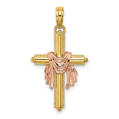 14K Bicolor-Gold Kreuz-Charm mit Zweifarbig-Gold-Drapierung
