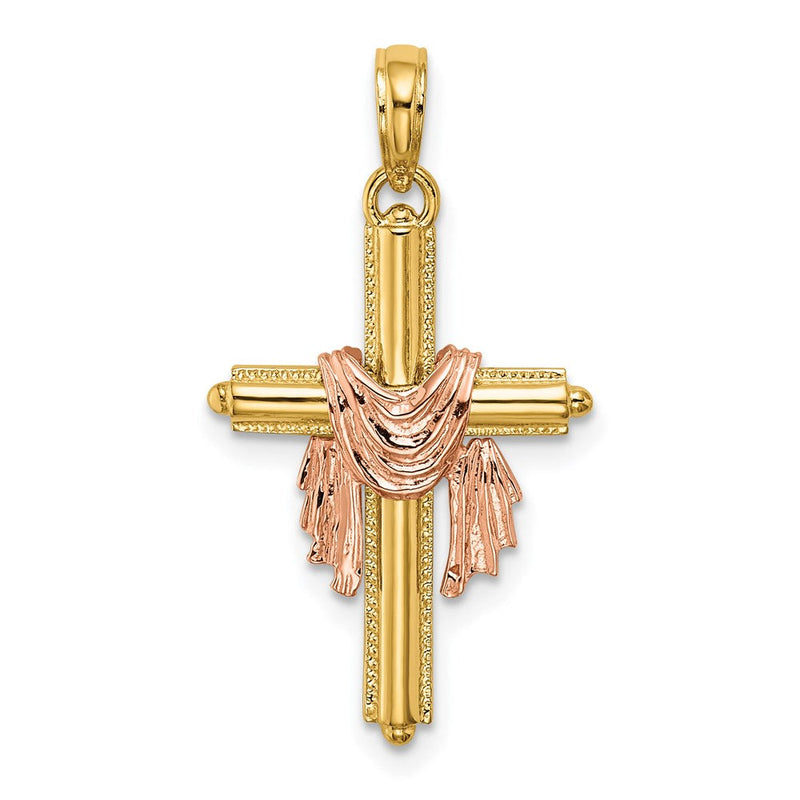 14K Bicolor-Gold Kreuz-Charm mit Zweifarbig-Gold-Drapierung
