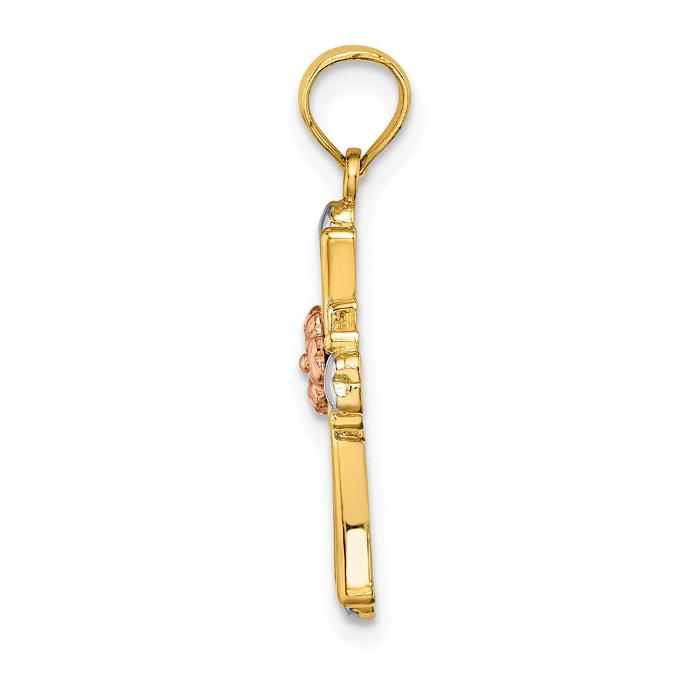 14K Bicolor mit Weiß Rhodium Kreuz mit Blume und Herz Charm