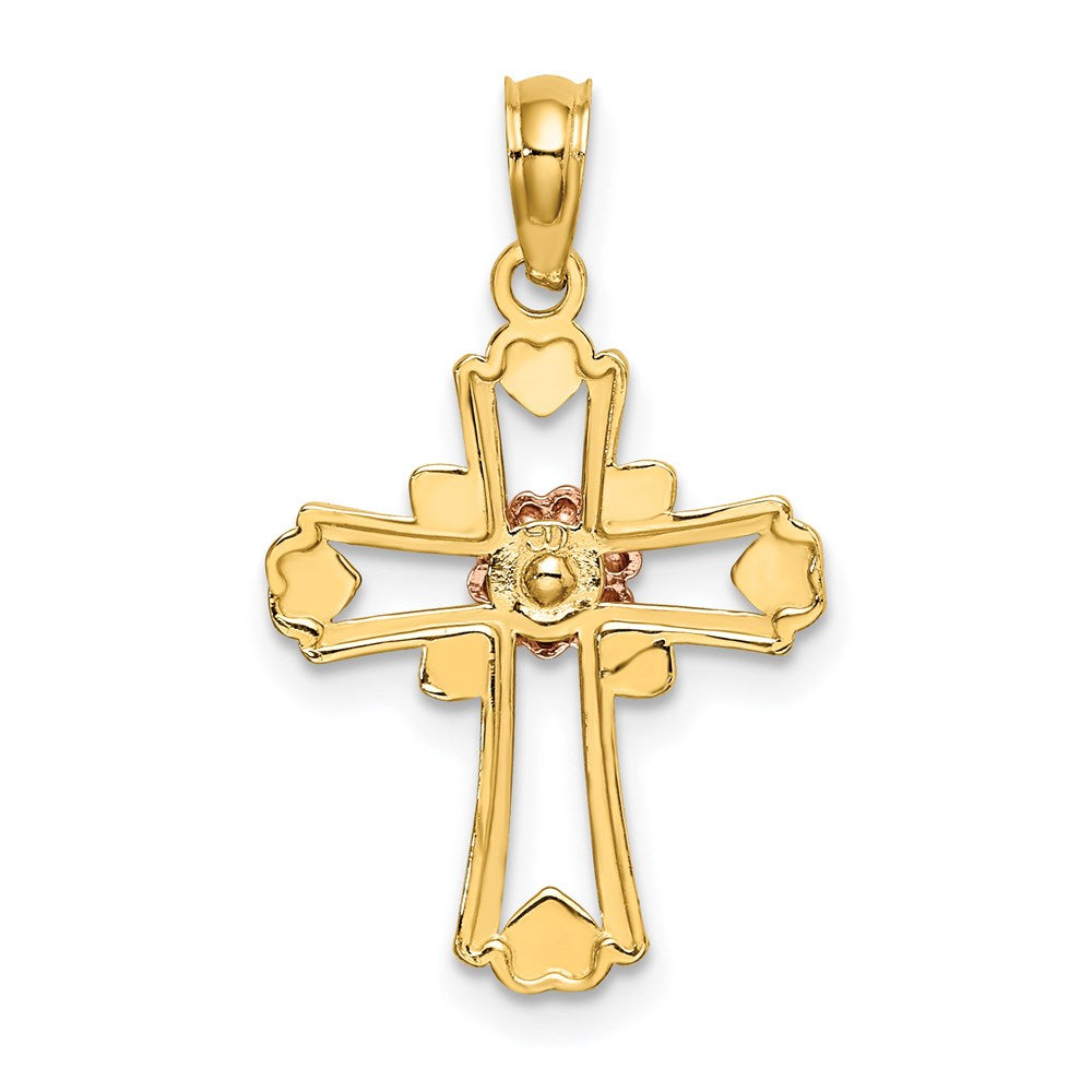 14K Bicolor mit Weiß Rhodium Kreuz mit Blume und Herz Charm
