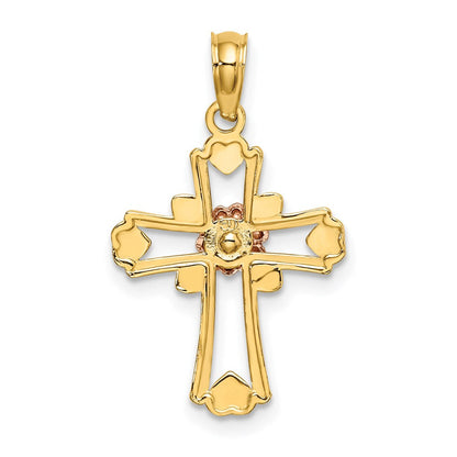14K Bicolor mit Weiß Rhodium Kreuz mit Blume und Herz Charm