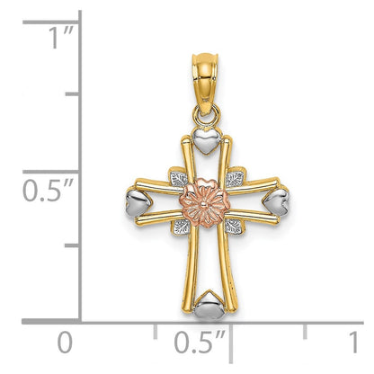 14K Bicolor mit Weiß Rhodium Kreuz mit Blume und Herz Charm