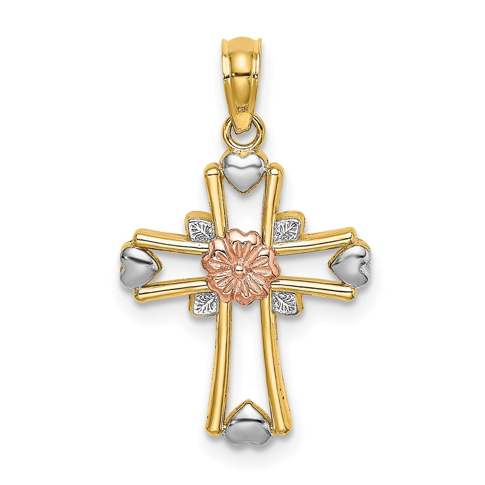 14K Bicolor mit Weiß Rhodium Kreuz mit Blume und Herz Charm