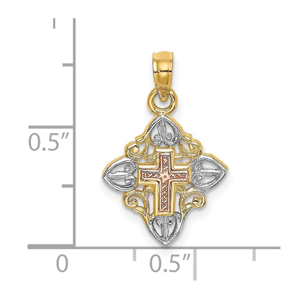 14K Bicolor mit Weiß Rhodium Kreuz Inside Rahmen Charm