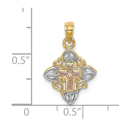 14K Bicolor mit Weiß Rhodium Kreuz Inside Rahmen Charm