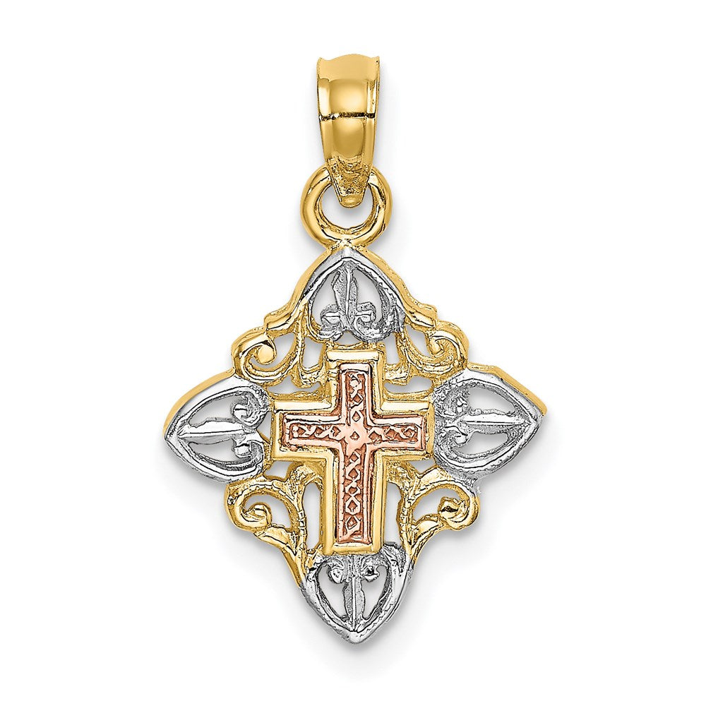 14K Bicolor mit Weiß Rhodium Kreuz Inside Rahmen Charm