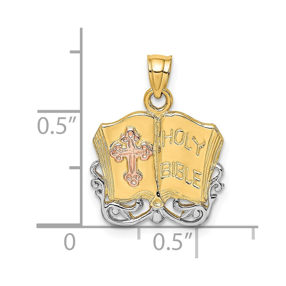 14K Bicolor mit Weiß Rhodium Heilig Bible mit Kreuz Charm