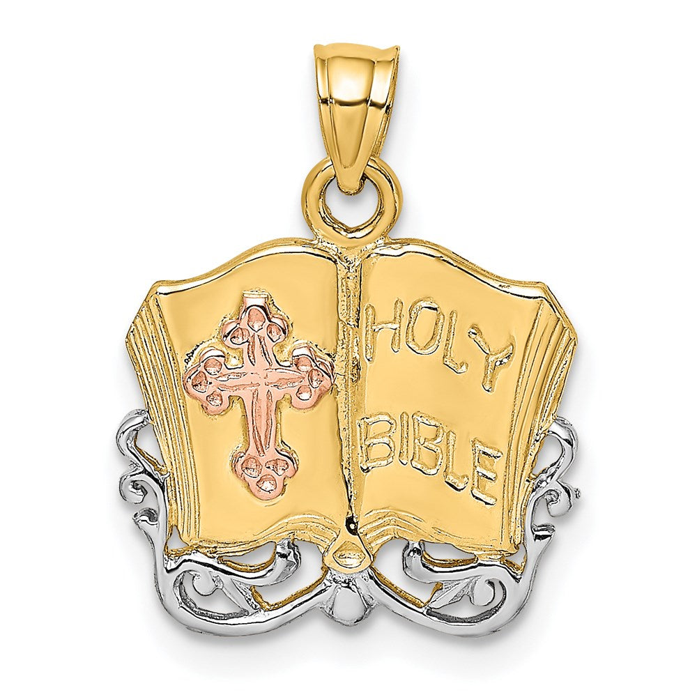 14K Bicolor mit Weiß Rhodium Heilig Bible mit Kreuz Charm