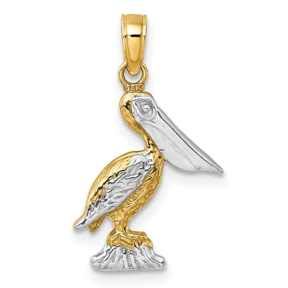14k Gelbgold und Roségold mit Weißrhodinierung, kleiner 3-D Pelikan-Charm, stehend
