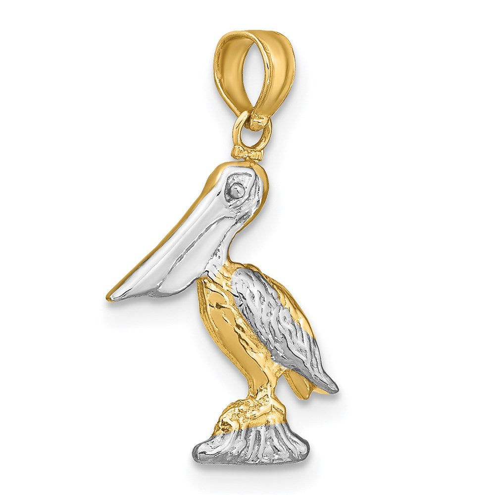14k Gelbgold und Roségold mit Weißrhodinierung, kleiner 3-D Pelikan-Charm, stehend