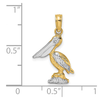 14k Gelbgold und Roségold mit Weißrhodinierung, kleiner 3-D Pelikan-Charm, stehend