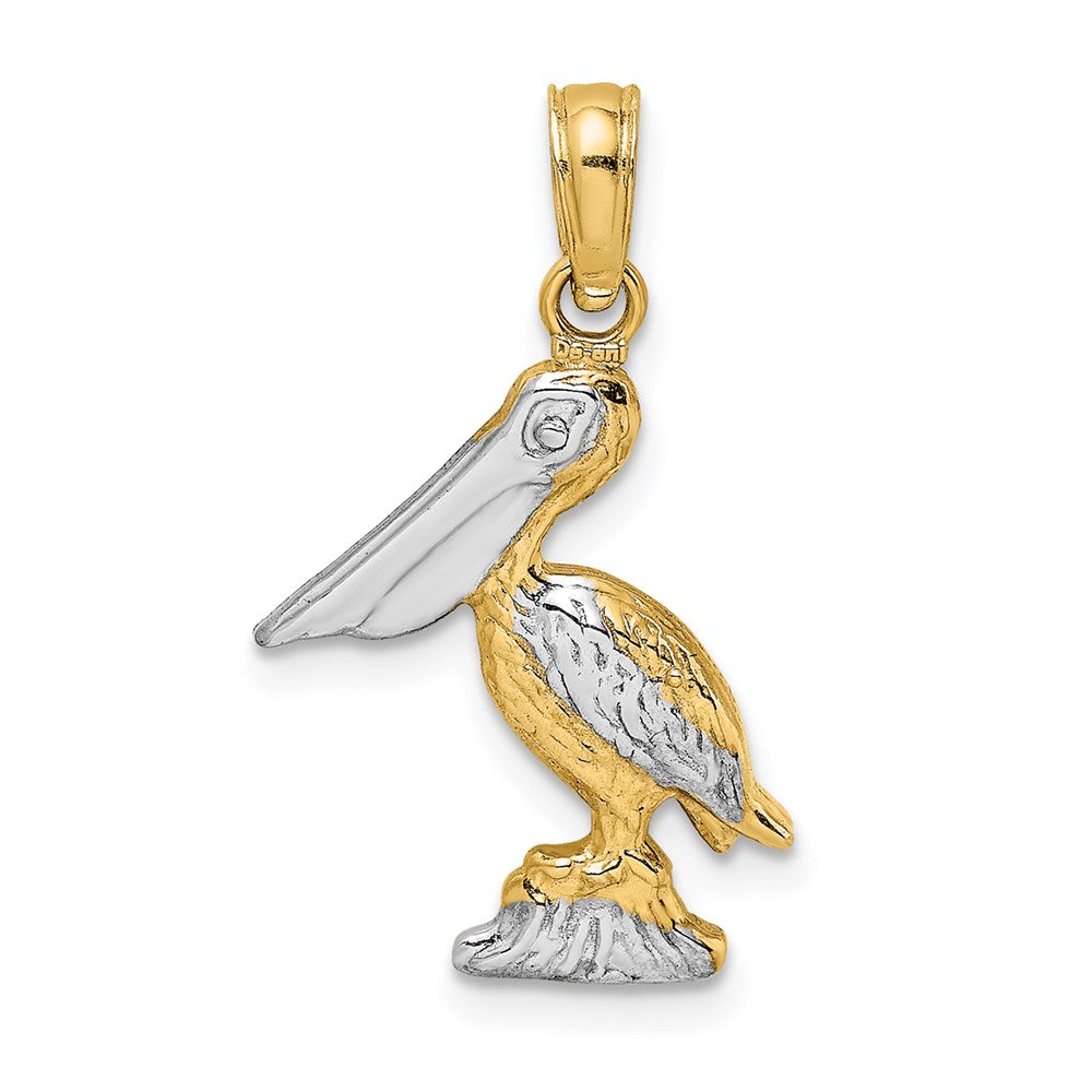 14k Gelbgold und Roségold mit Weißrhodinierung, kleiner 3-D Pelikan-Charm, stehend