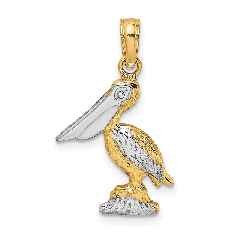 14k Gelbgold und Roségold mit Weißrhodinierung, kleiner 3-D Pelikan-Charm, stehend