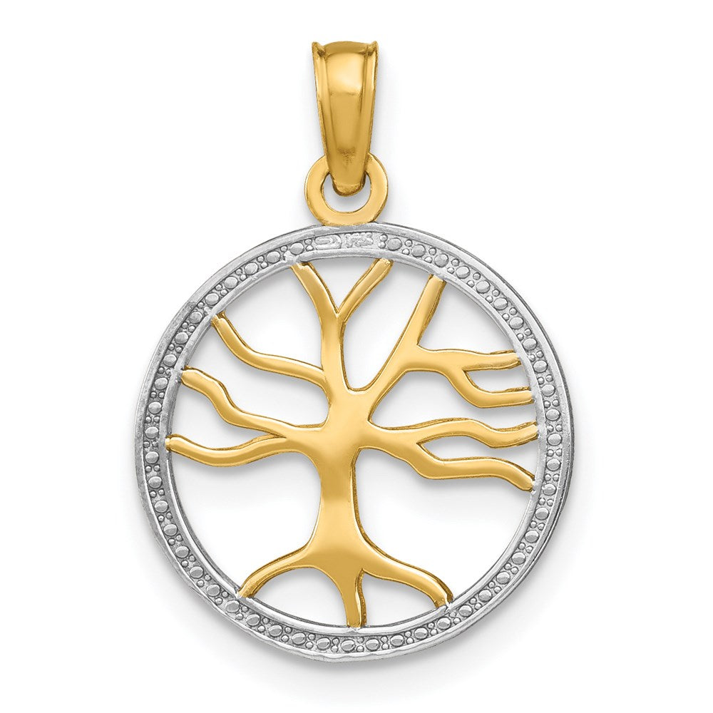 14K Gelb & Rhodium mit Rhodium Baum Of Leben in Rund Rahmen Charm