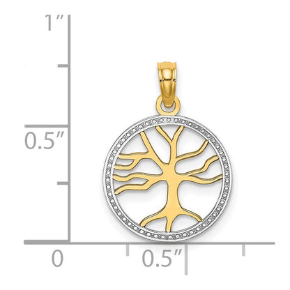 14K Gelb & Rhodium mit Rhodium Baum Of Leben in Rund Rahmen Charm