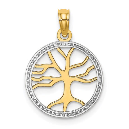 14K Gelb & Rhodium mit Rhodium Baum Of Leben in Rund Rahmen Charm