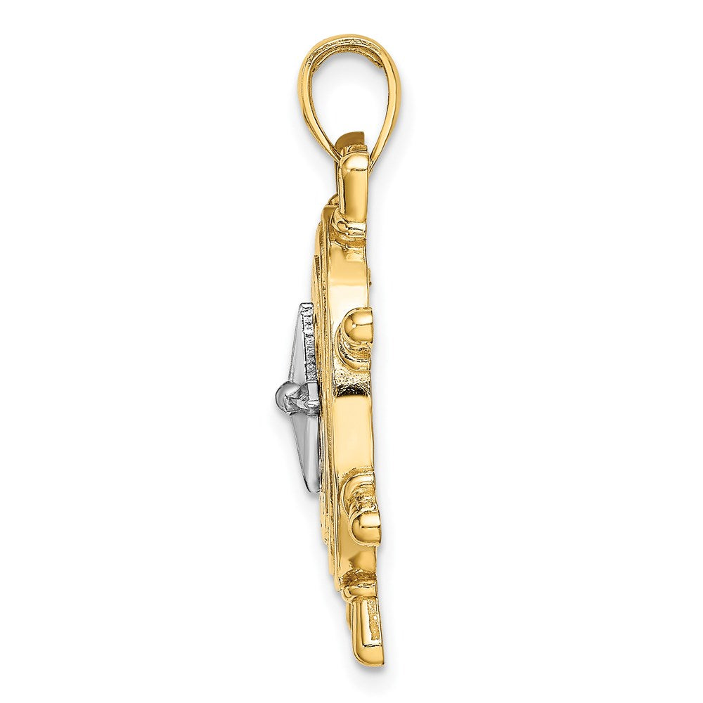 14K Bicolor-Gold Schiffssteuerrad-Anhänger mit Nautikkompass-Charm