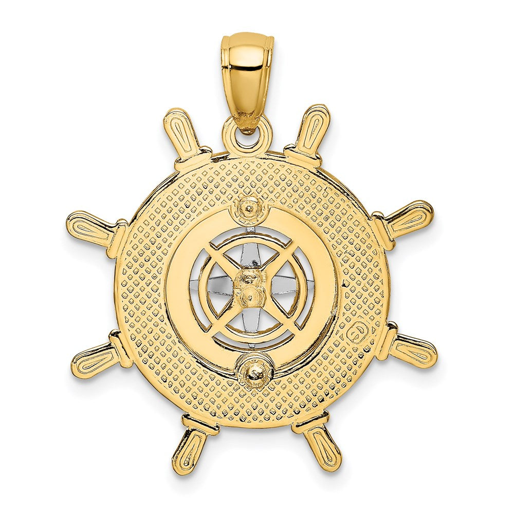 14K Bicolor-Gold Schiffssteuerrad-Anhänger mit Nautikkompass-Charm