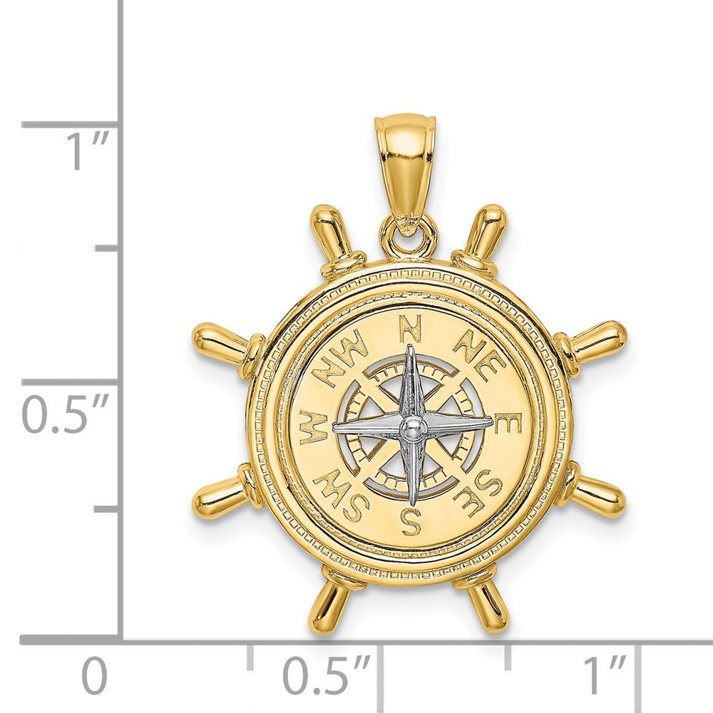 14K Bicolor-Gold Schiffssteuerrad-Anhänger mit Nautikkompass-Charm