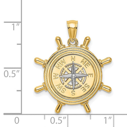 14K Bicolor-Gold Schiffssteuerrad-Anhänger mit Nautikkompass-Charm