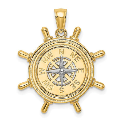 14K Bicolor-Gold Schiffssteuerrad-Anhänger mit Nautikkompass-Charm