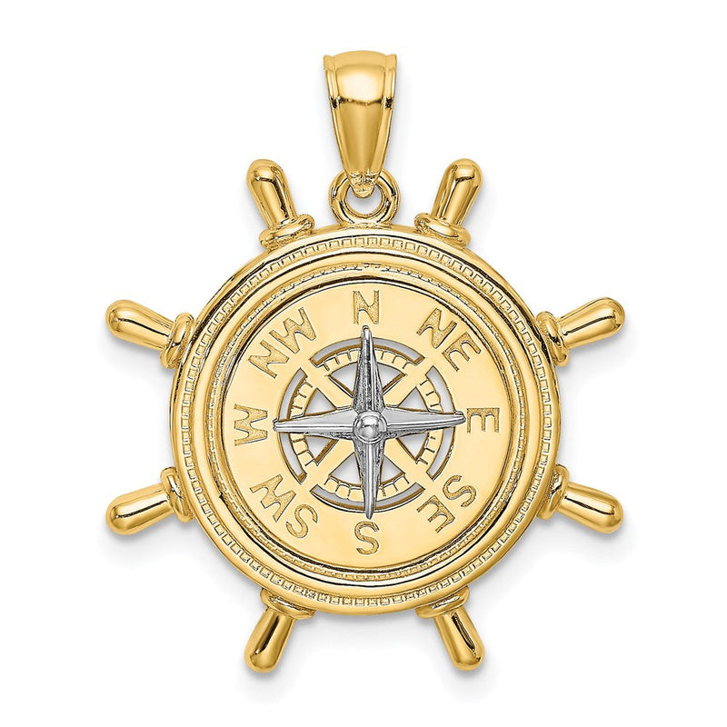 14K Bicolor-Gold Schiffssteuerrad-Anhänger mit Nautikkompass-Charm