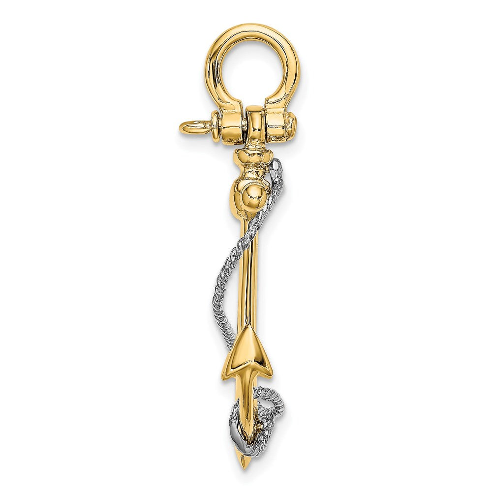 14K Bicolor Gold 3-D-Anker-Charm mit T-Steg und Seil mit Schäkel-Öse