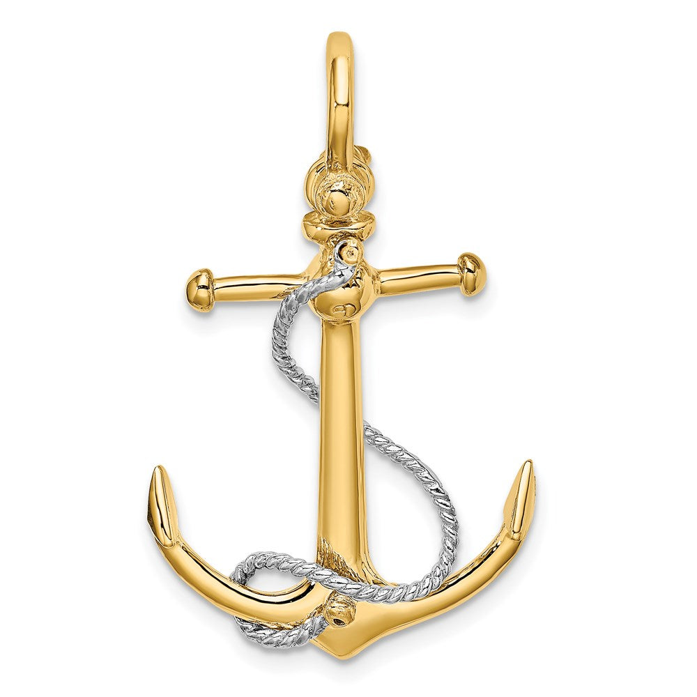 14K Bicolor Gold 3-D-Anker-Charm mit T-Steg und Seil mit Schäkel-Öse