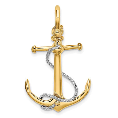 14K Bicolor Gold 3-D-Anker-Charm mit T-Steg und Seil mit Schäkel-Öse