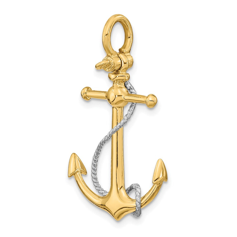 14K Bicolor Gold 3-D-Anker-Charm mit T-Steg und Seil mit Schäkel-Öse