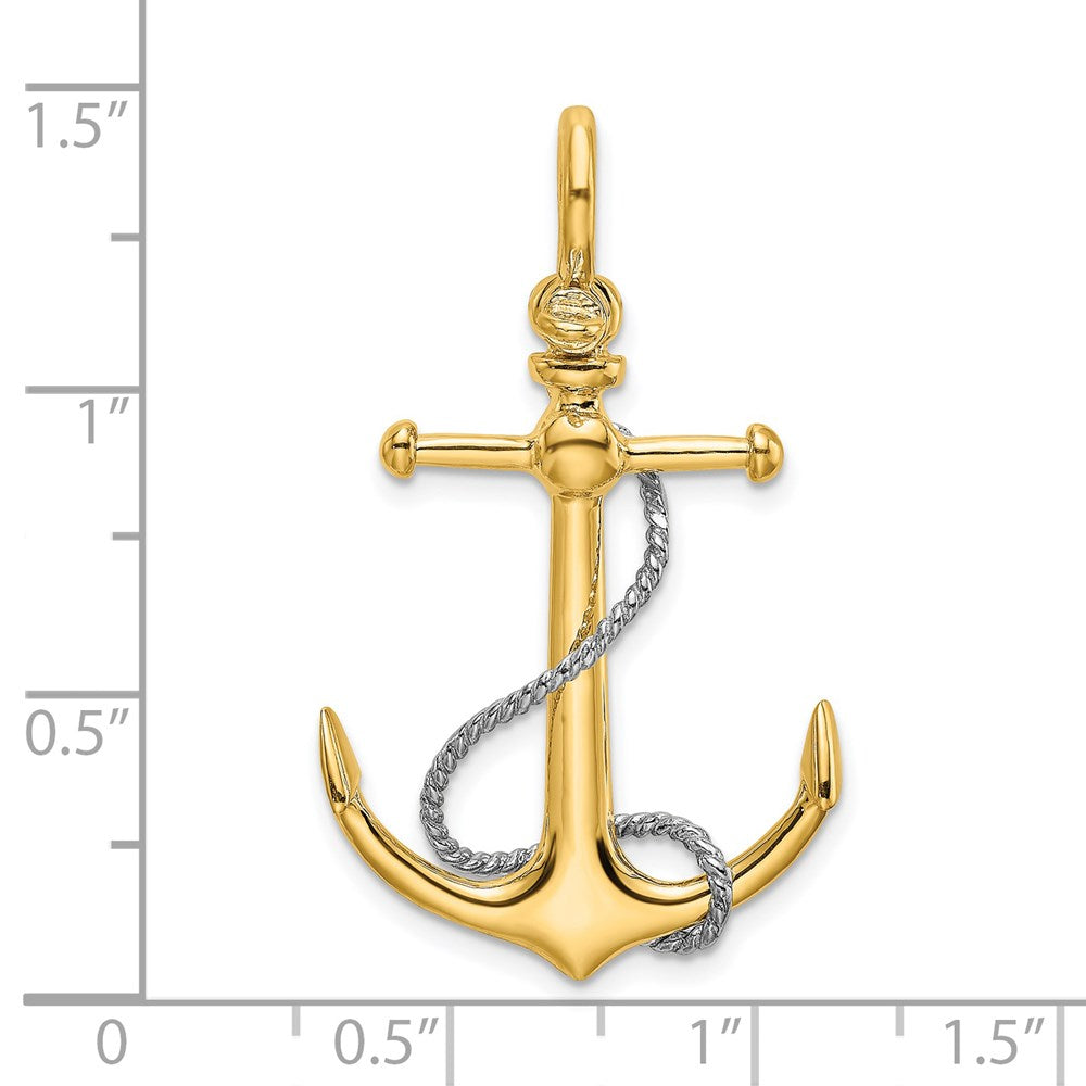 14K Bicolor Gold 3-D-Anker-Charm mit T-Steg und Seil mit Schäkel-Öse