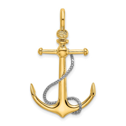 14K Bicolor Gold 3-D-Anker-Charm mit T-Steg und Seil mit Schäkel-Öse