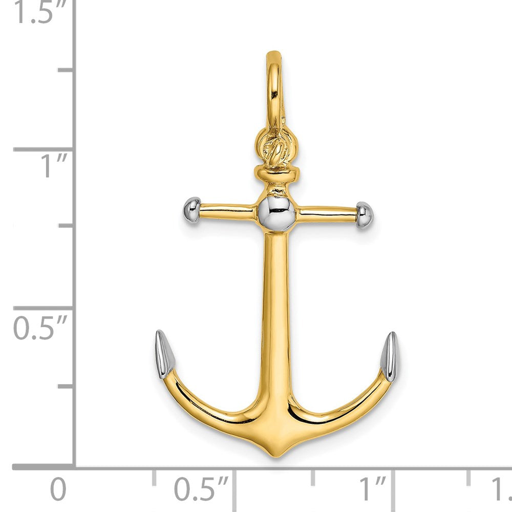 14K Gelb- und Rhodiumgold mit Rhodium 3-D-Anker-Charm mit langem T-Steg und Schäkel-Öse
