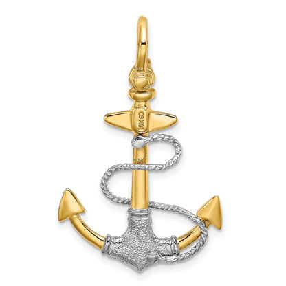14K Bicolor-Gold 3-D texturierter Anker-Charm mit Seil und Schäkel-Öse