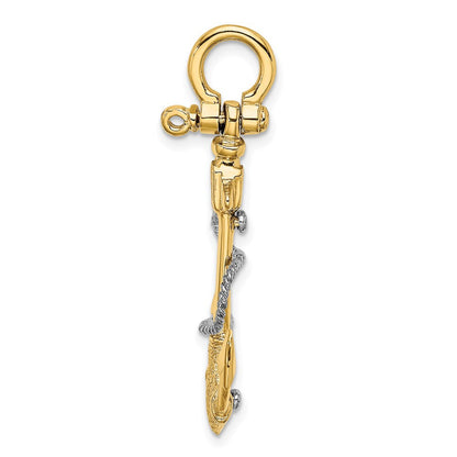 14K Bicolor-Gold 3-D Kleiner Anker mit Seil und Schäkel-Bügel Charm