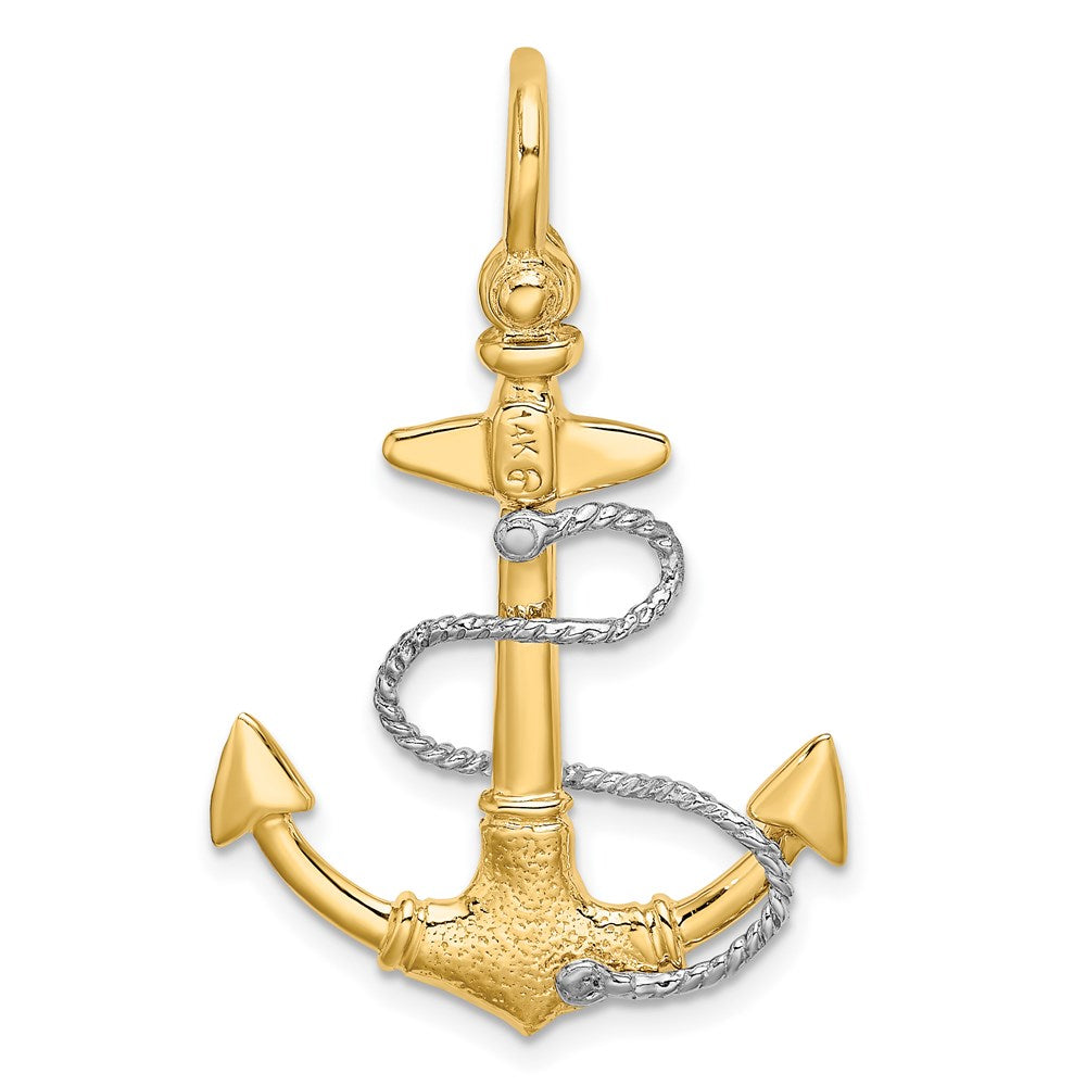 14K Bicolor-Gold 3-D Kleiner Anker mit Seil und Schäkel-Bügel Charm