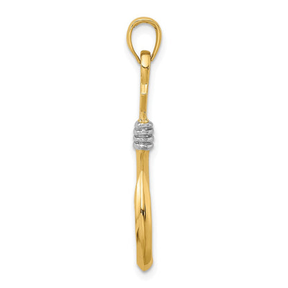 14K Gelb- und Rhodiumgold mit Rhodium 3-D-Angelhaken-mit-Seil-Charm