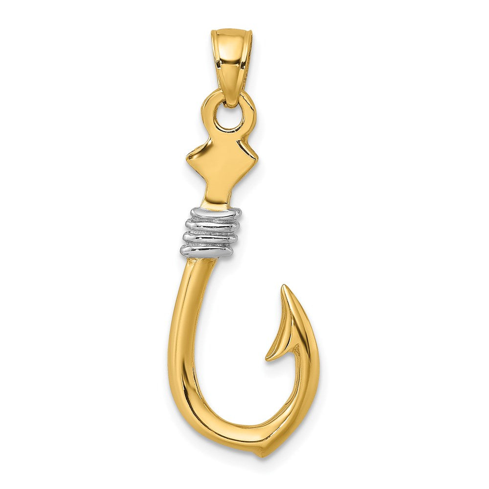 14K Gelb- und Rhodiumgold mit Rhodium 3-D-Angelhaken-mit-Seil-Charm