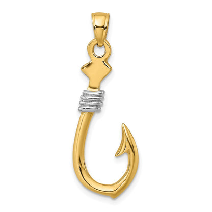 14K Gelb- und Rhodiumgold mit Rhodium 3-D-Angelhaken-mit-Seil-Charm