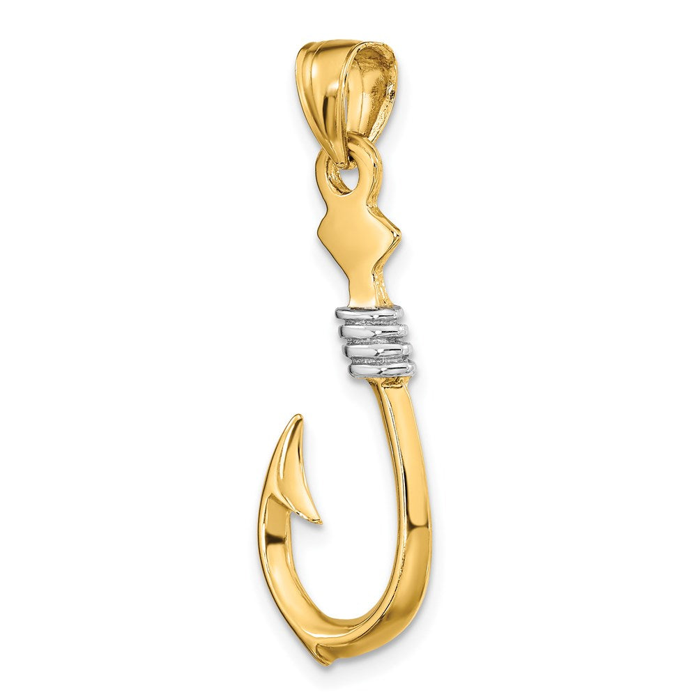 14K Gelb- und Rhodiumgold mit Rhodium 3-D-Angelhaken-mit-Seil-Charm