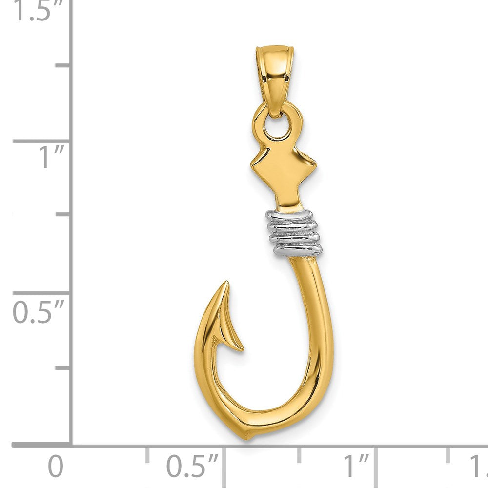 14K Gelb- und Rhodiumgold mit Rhodium 3-D-Angelhaken-mit-Seil-Charm