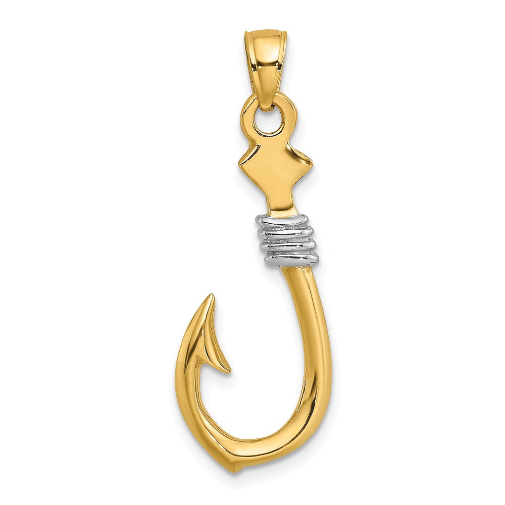 14K Gelb- und Rhodiumgold mit Rhodium 3-D-Angelhaken-mit-Seil-Charm