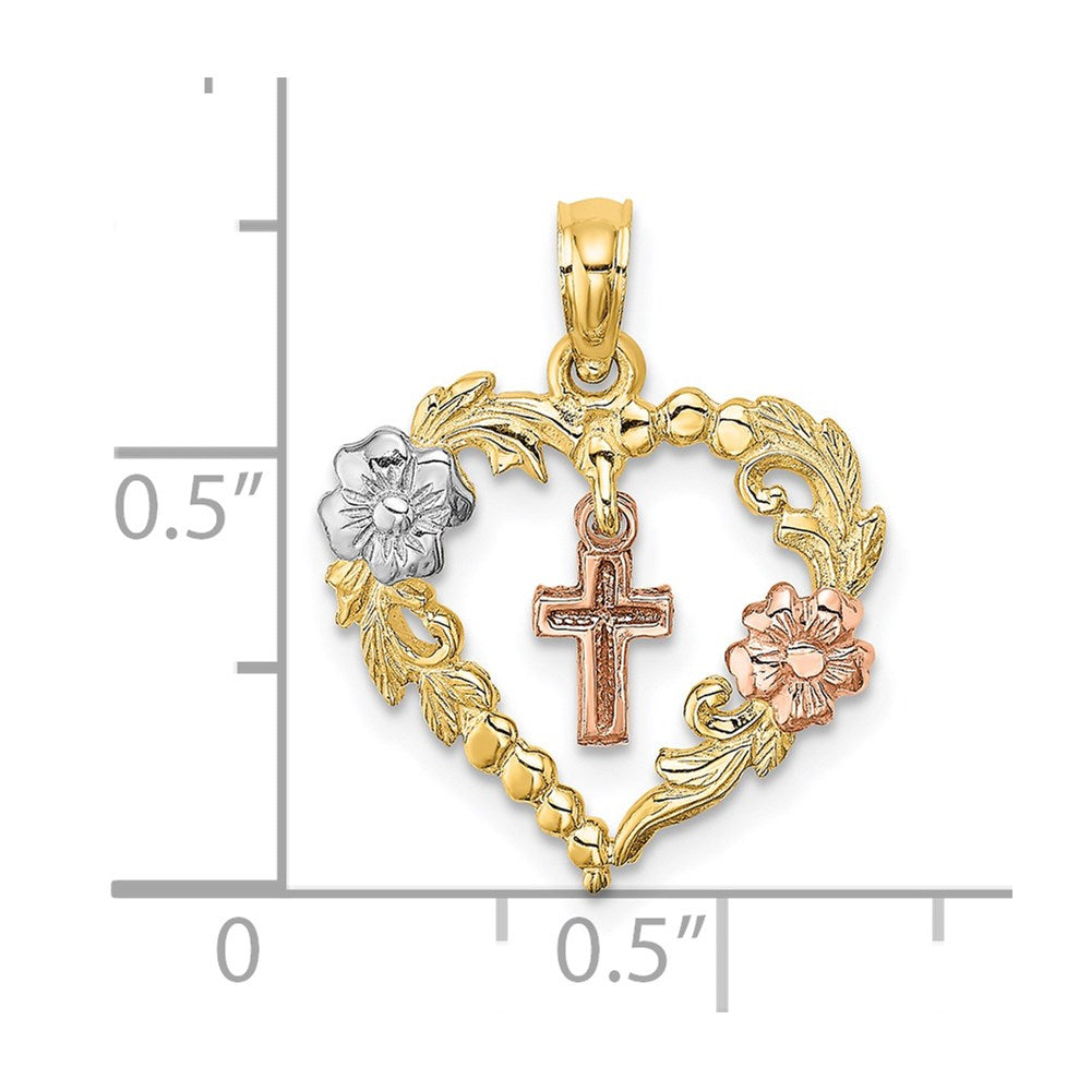 14K Bicolor mit Weiß Rhodium Herz mit Kreuz und Blumen Charm