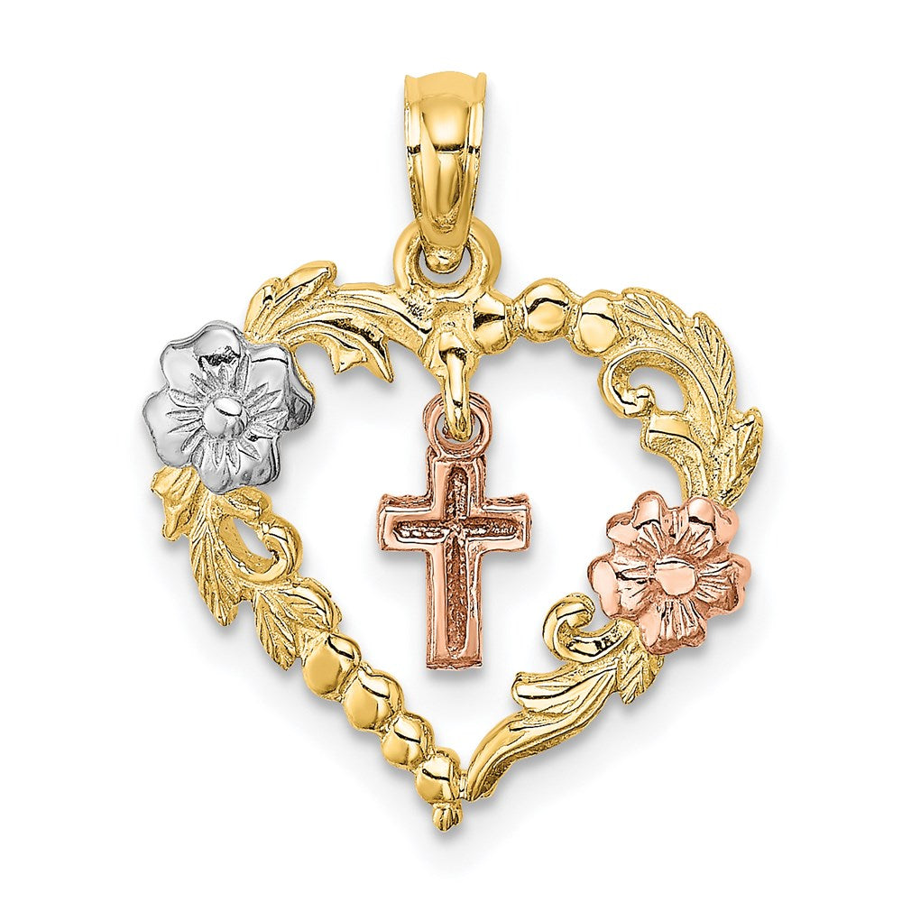 14K Bicolor mit Weiß Rhodium Herz mit Kreuz und Blumen Charm
