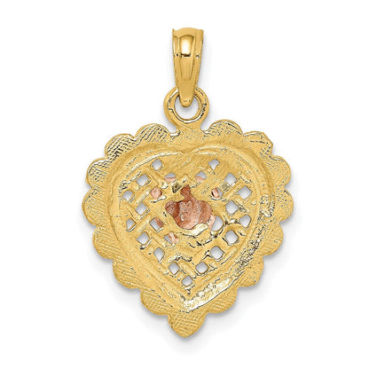 14K Bicolor Gold Herz auf strukturiertem Herz-Charm, poliert, Rosé- und Gelbgold