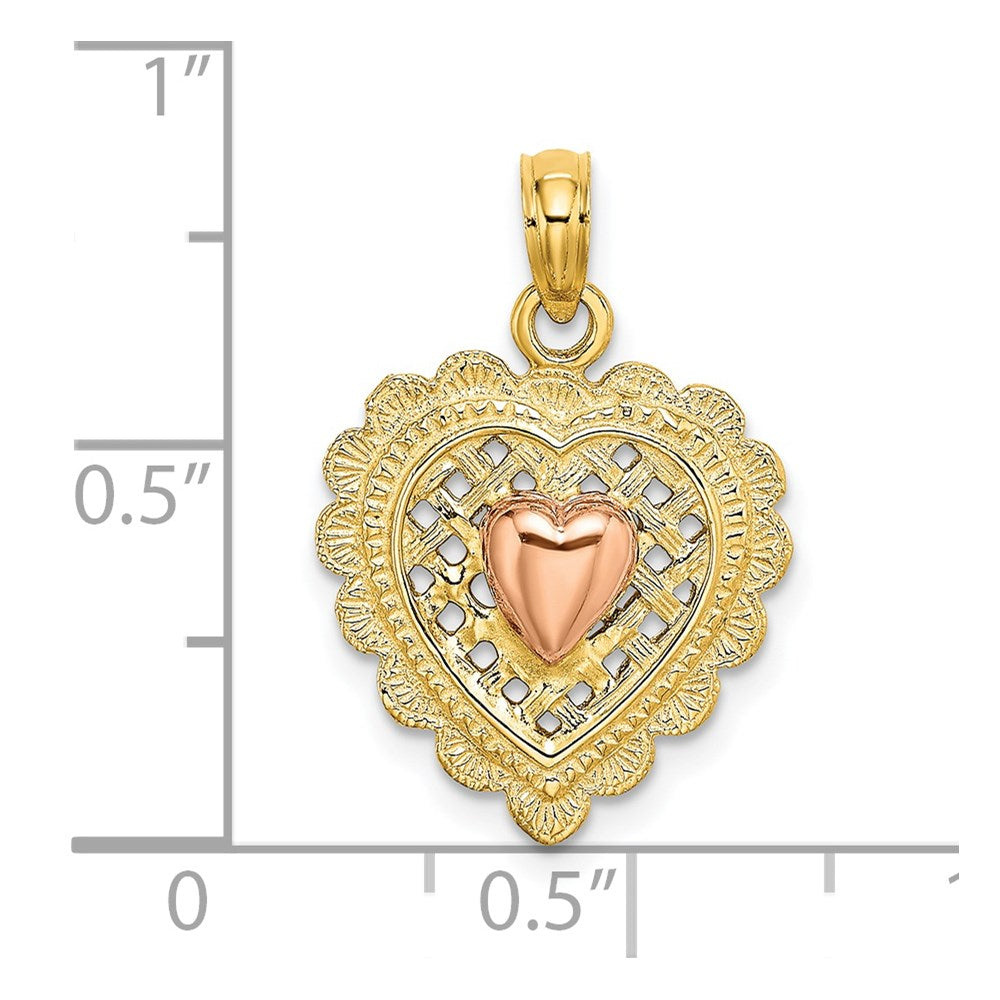14K Bicolor Gold Herz auf strukturiertem Herz-Charm, poliert, Rosé- und Gelbgold